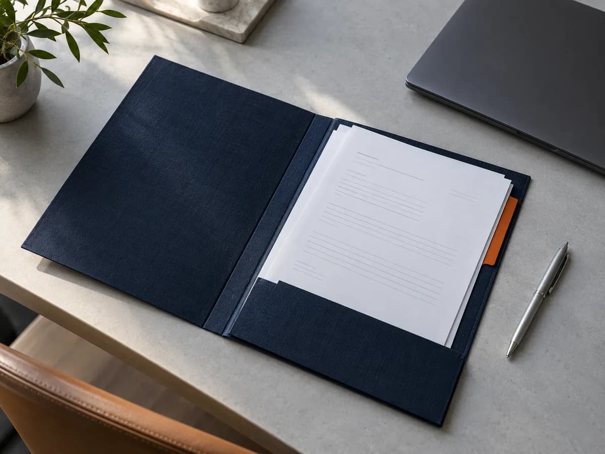 Illustrative practice workspace with an open folder, papers and a laptop