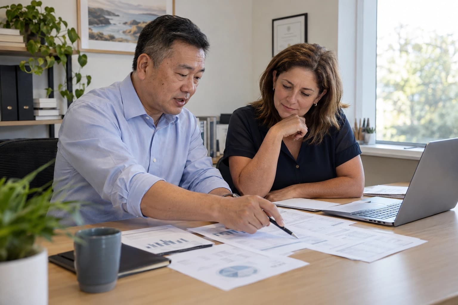 Illustrative scene of an accountant reviewing financial records with a client