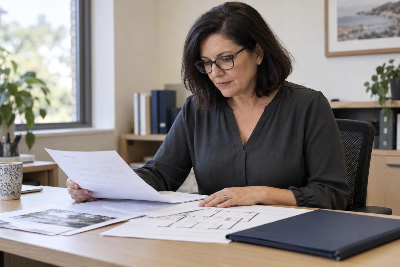 Illustrative scene of a conveyancer reviewing property settlement documents