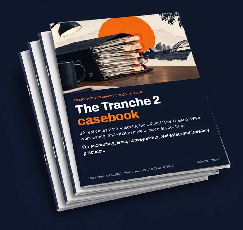 Printed copies of The Tranche 2 casebook by AML Mate: 22 real cases from Australia, the UK and New Zealand