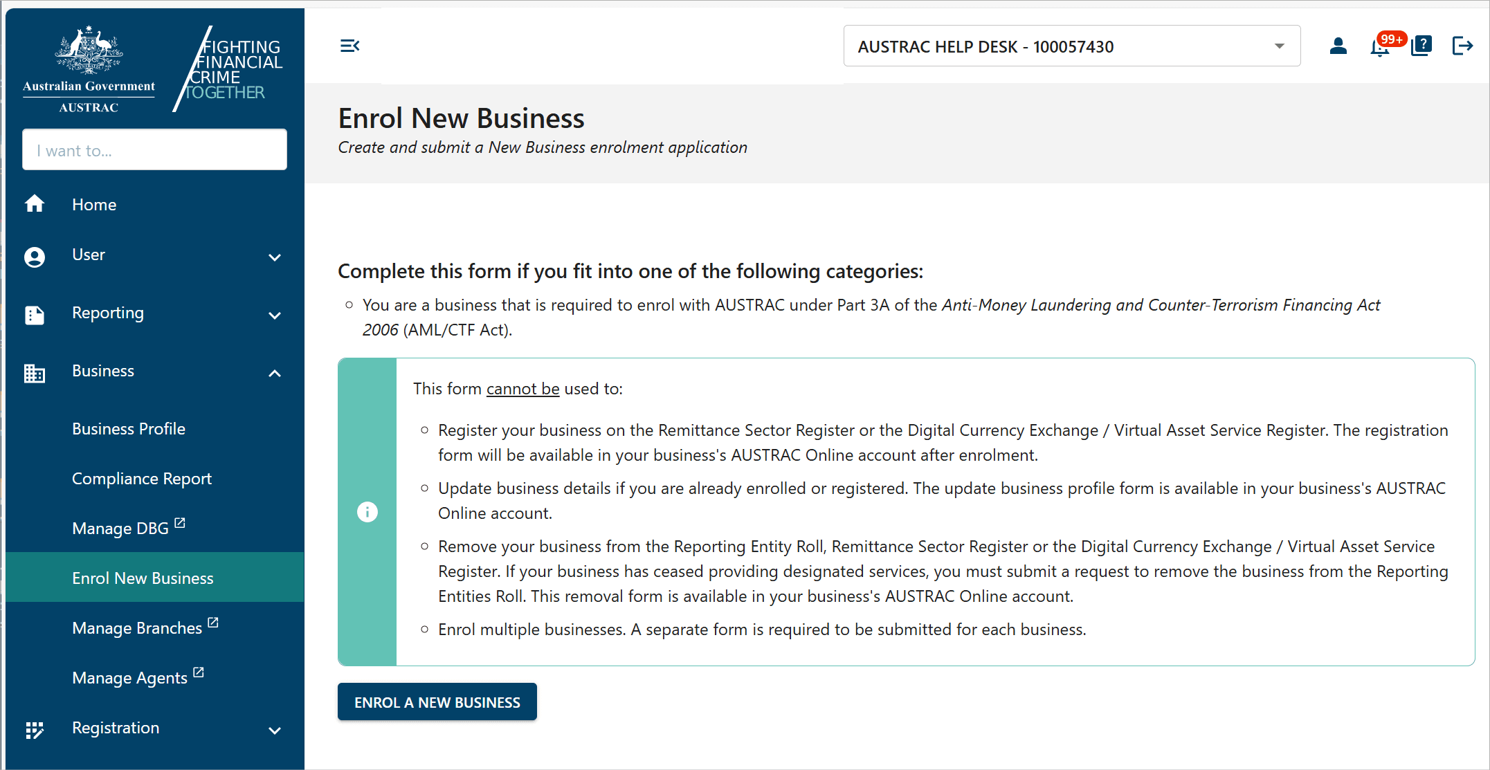 AUSTRAC Online Enrol New Business page with the ENROL A NEW BUSINESS button