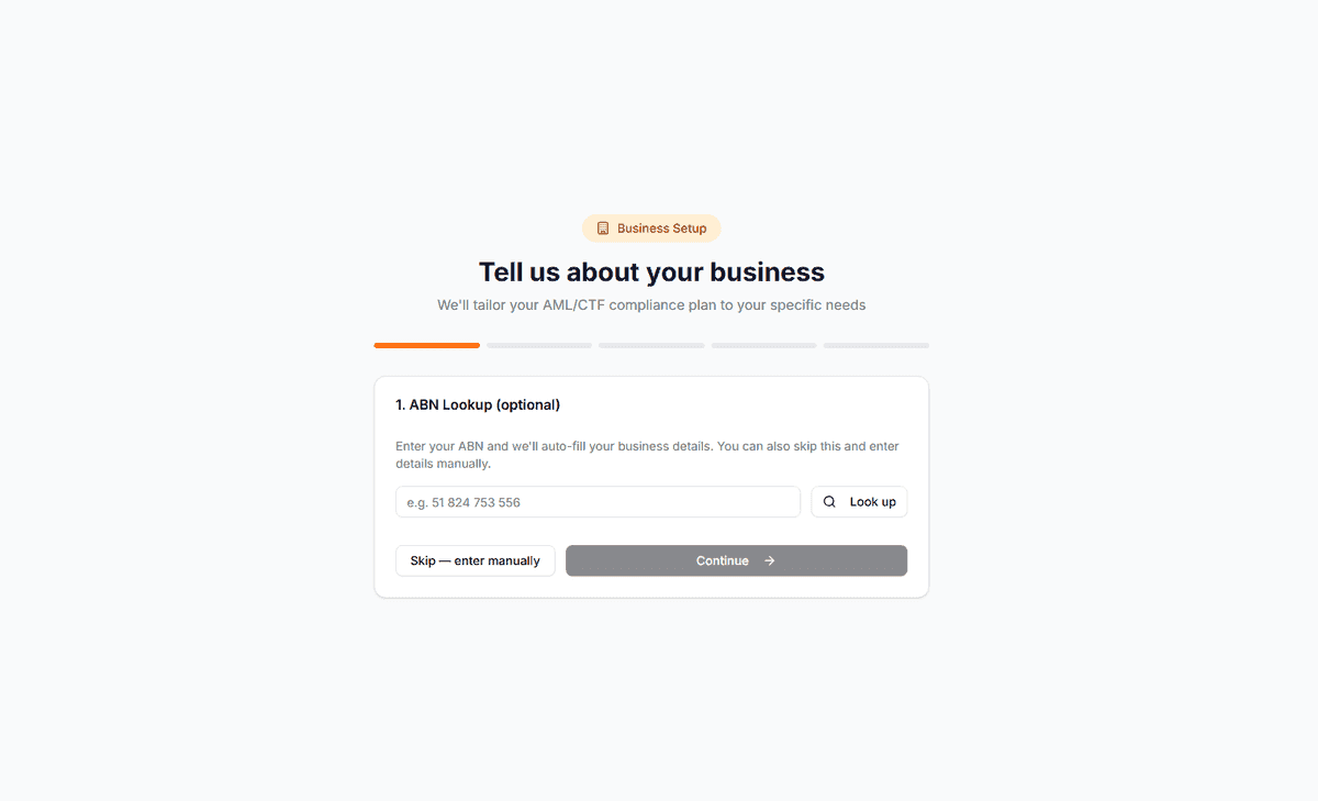 AML Mate onboarding wizard — enter your business details and select your industry