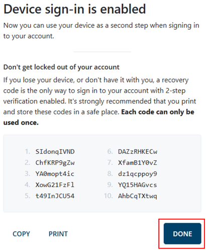 Page titled device sign in is enabled, with a list of recovery codes and a Done button