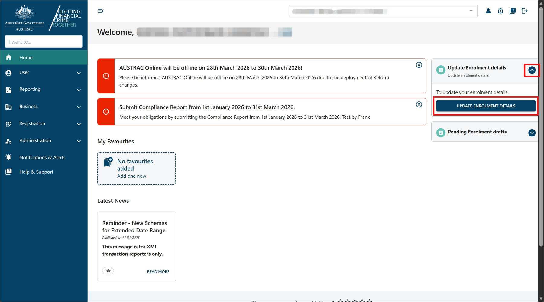 AUSTRAC Online home page with the Update Enrolment details button on the right