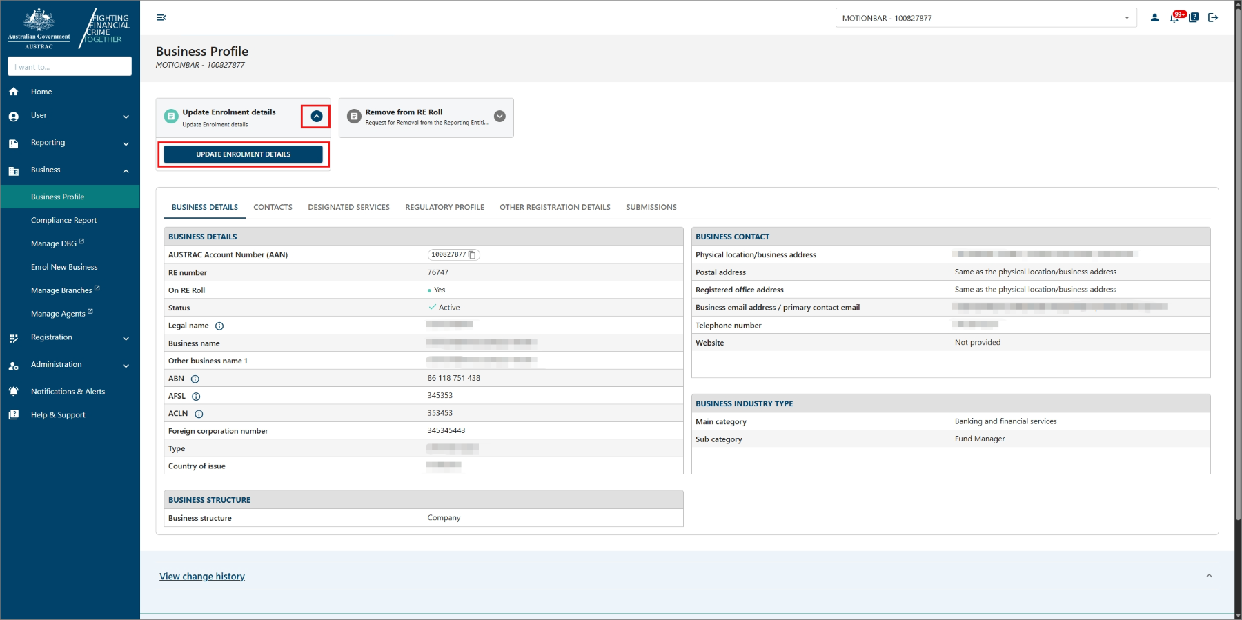 Business Profile page with the Update Enrolment details button