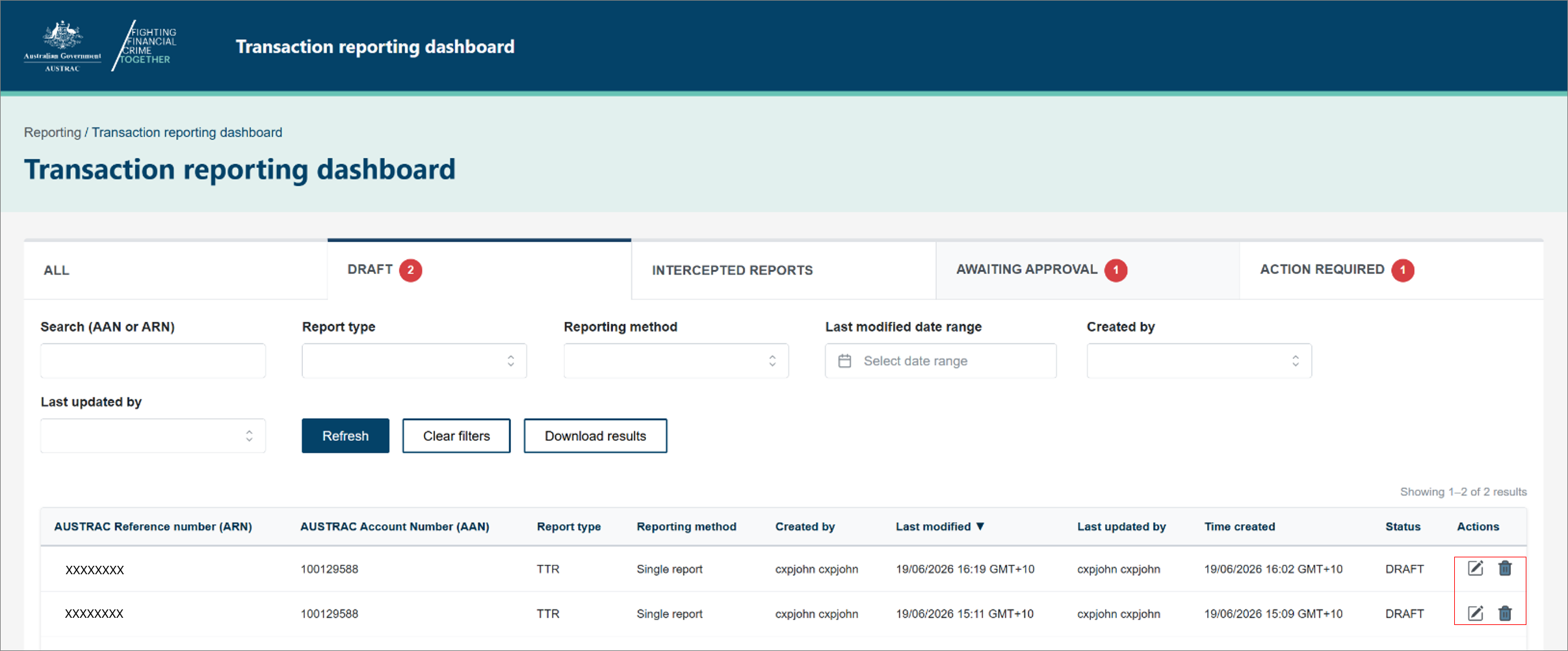 The DRAFT tab with the edit and delete icons in the Actions column for two draft reports