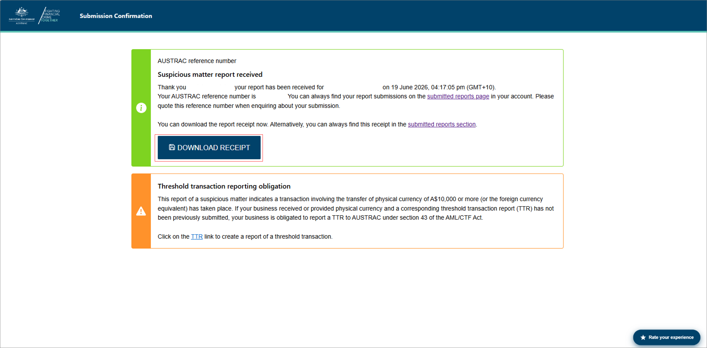 The submission confirmation page with the DOWNLOAD RECEIPT button