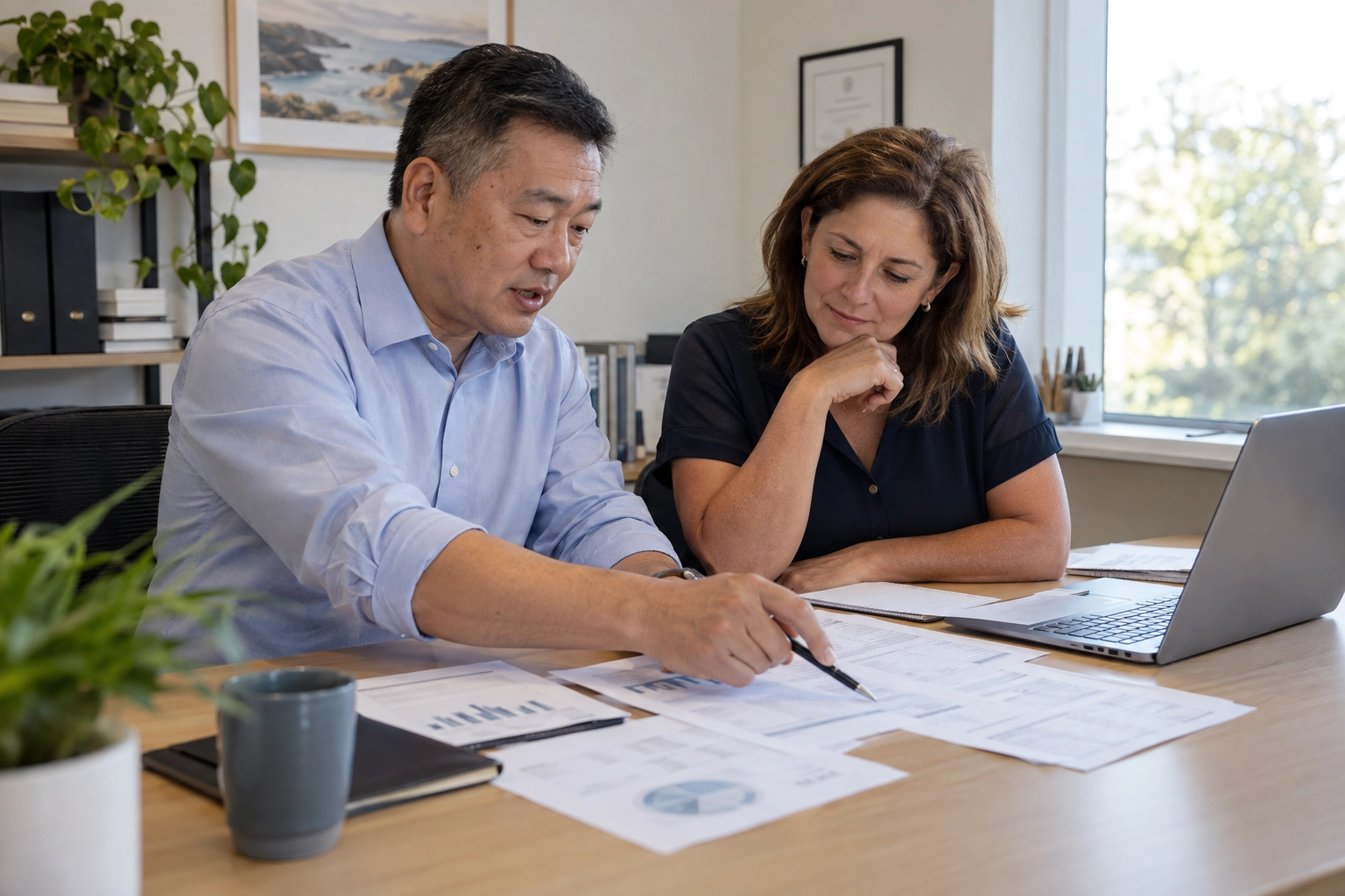 Illustrative scene of an accountant reviewing financial records with a client