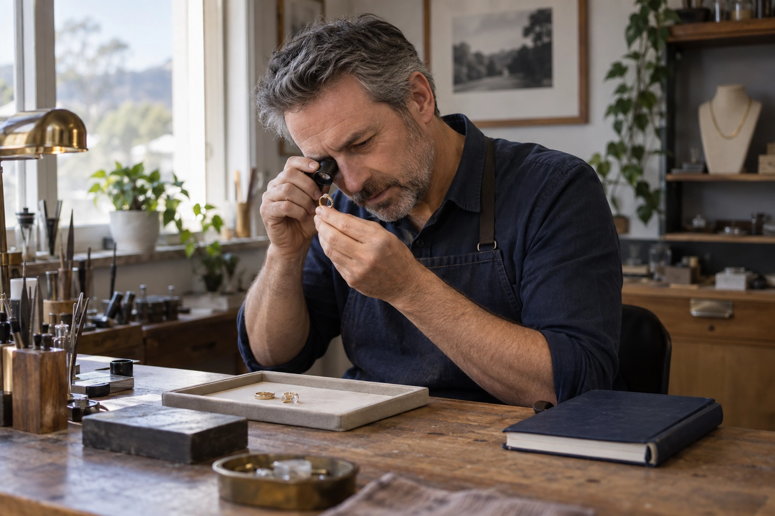 Illustrative scene of a jeweller examining a ring at a workbench