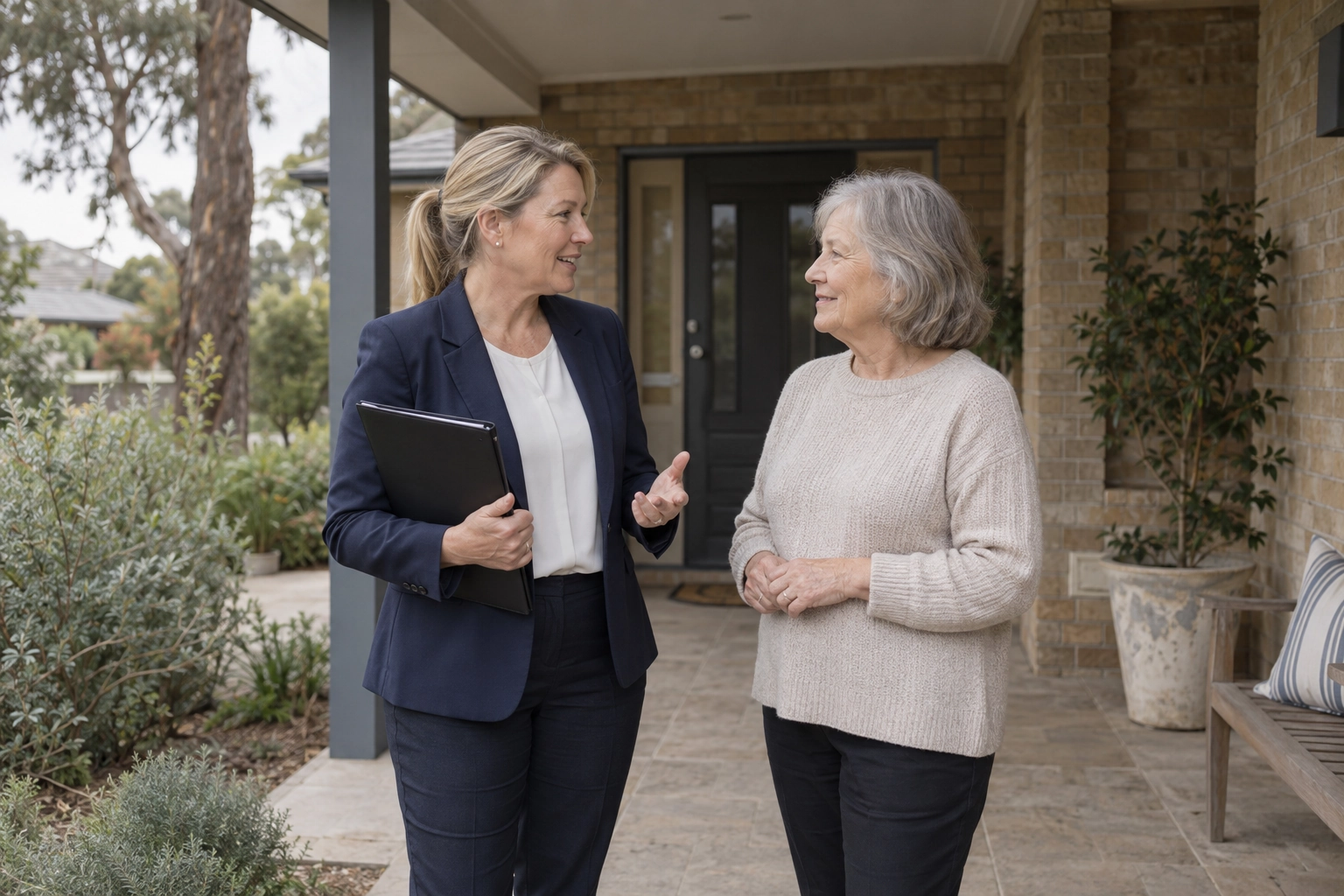 Illustrative scene of a real estate agent speaking with a homeowner